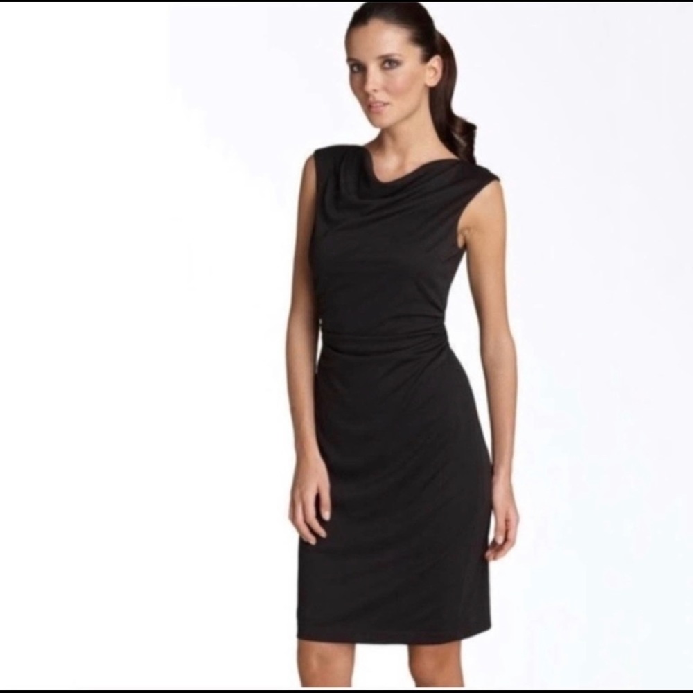 David Meister Black Ruched Cowl Neck Midi Dress 6